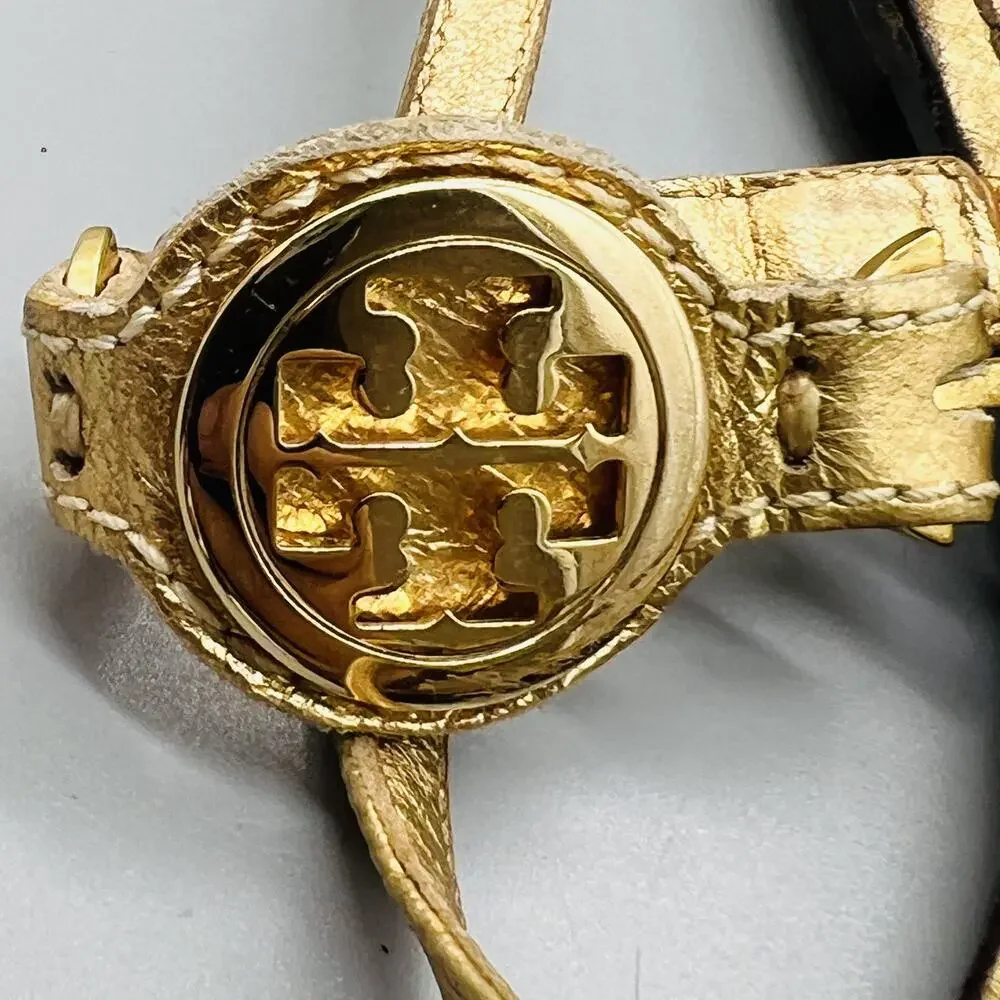 Tory Burch Sandals Womens 9 Gold Leather Thong Ankle Strap Logo Medallion Shoes